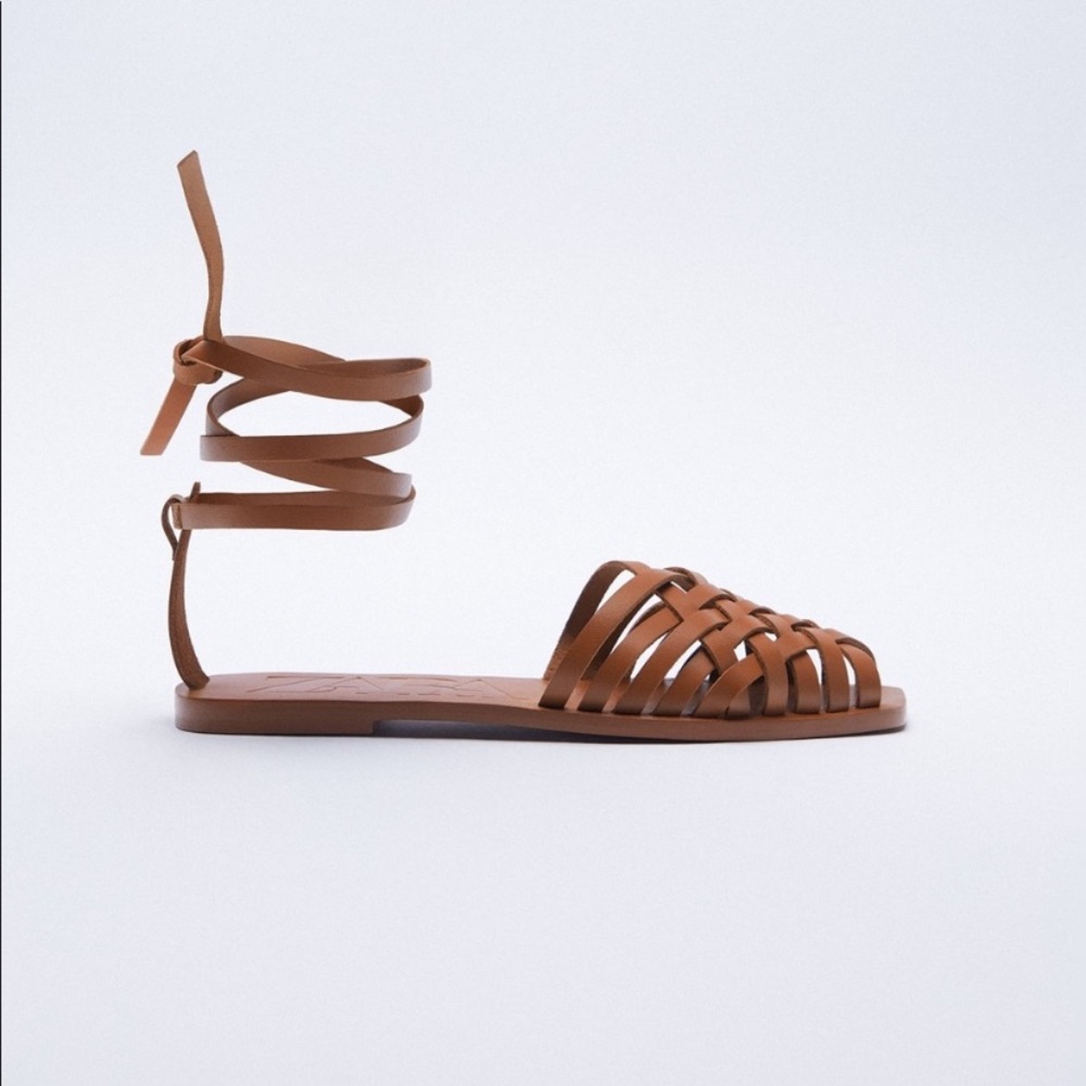 Zara brown tied flat leather sandals